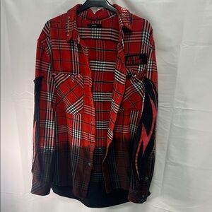 Biker Diesel Red Black Plaid Shirt Jacket with Flame Sleeve Detail
